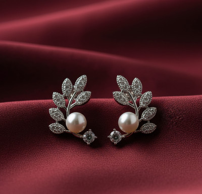 PRIDE STORE Elegant Pearl & Crystal Leaf Earrings – Sterling Silver, Luxury Bridal & Evening Pearl Alloy Cuff Earring