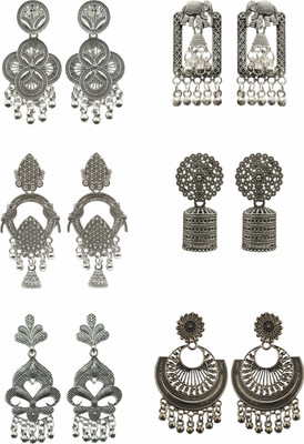 CRIZZAM Crizzam -Silver Oxidised Jhumki (6 Pairs) Alloy Chandbali Earring, Drops & Danglers, Earring Set, Jhumki Earring, Stud Earring