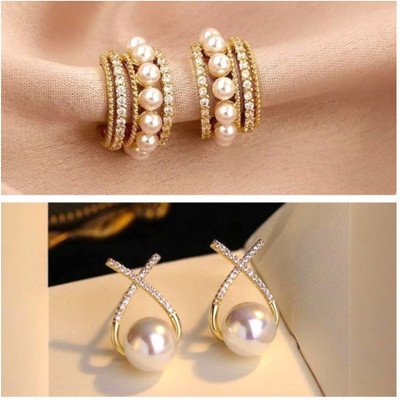 Tiso Combo of 2 Korean Earrings Gold Plated Stone Pearl Earrings for Women and Girls Crystal, Cubic Zirconia, Pearl Alloy, Brass, Stone Drops & Danglers, Earring Set, Hoop Earring, Rhinestone Studs, Stud Earring