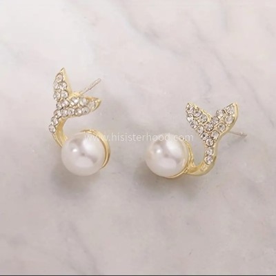 neze NZ 45 Mermaid Fishtail Pearl Studs Earrings Alloy Cuff Earring