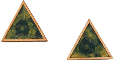 Whe Green Batik Triangular Studs made of Repurposed Fabric and Wood Wood Ear Thread