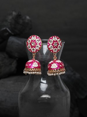 YELLOW CHIMES Traditional Gold Toned Pink Lotus Flower Designer Enamal Kundan Studded Pearl Jhumki/Jhumka Earrings for Women and Girls Copper Jhumki Earring