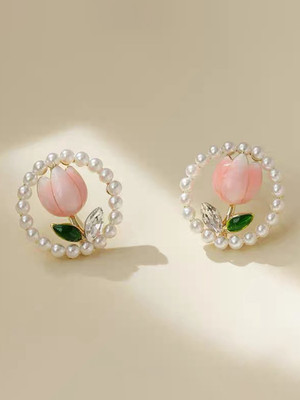 Aylana Pink Tulip With Pearl Rounded Stud Korean Earrings Crystal Alloy, Enamel Stud Earring