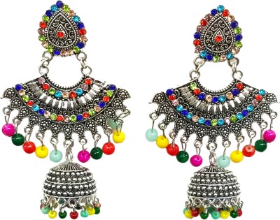 NIRBHAY Traditional Ethnic Fancy Layered Oxidized Silver Jhumka Chandelier Earrings Beads Alloy Jhumki Earring