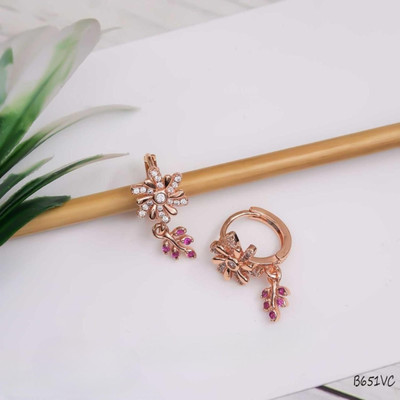 immitation Sparkling Zircon Flower & Pink Leaf Charm Huggies Metal Stud Earring