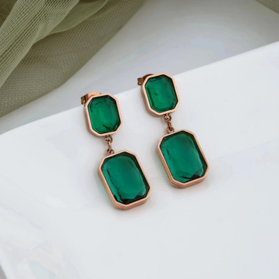 queralt tylish Rose Gold Tone Green Emerald Stone Latest Fashion Drop Earrings Emerald Stainless Steel Drops & Danglers