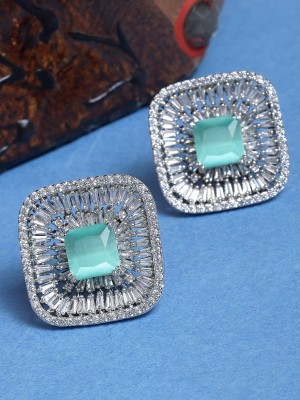 Karatcart Silver Tone Light Green Square American Diamond Drop Earrings for Women Alloy Stud Earring