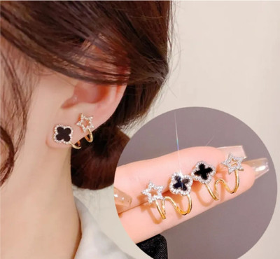 Saugaat Craft Korean Style Star Shaped Black Studs Earring Cubic Zirconia Alloy Rhinestone Studs