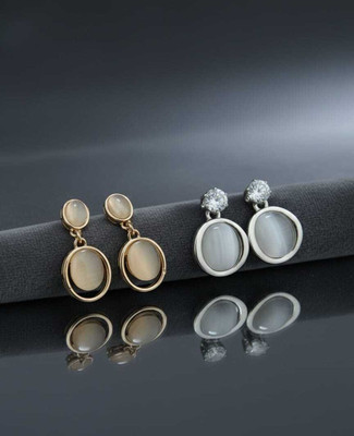 MD CREATIONS HUB CatEye Stone Dangle Earrings Combo (Set of 2) for Women | Gold & Silver Tone Cubic Zirconia Alloy, Brass Stud Earring