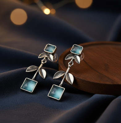 S D Creations Oxidised Silver Turquoise Square Drop Earrings, Silver Leaf Design Brass Drops & Danglers