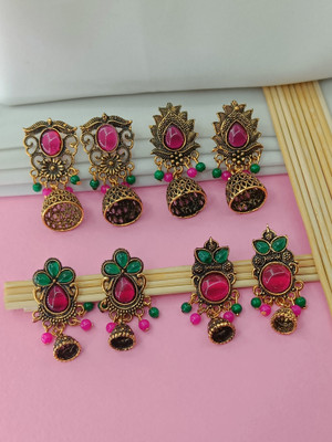 HEER HENI Combo of 4 Pair Oxidised Traditional Gold Combo Jhumki Earrings Set Moonstone Alloy Earring Set, Jhumki Earring, Jhumki Earring, Hoop Earring, Chandbali Earring