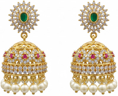 Jewelz Charming AD Gold Jhumki Earrings with Ruby, Diamond, and Pearl Details Brass Drops & Danglers