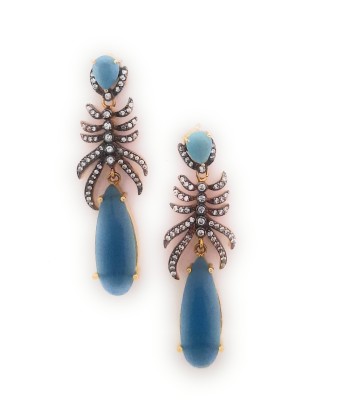 Preet Art Jewellery Antique Gold Plated Black Oxidised Navey Blue Stones Diamond Long Earring Diamond, Blue Sapphire Crystal, Brass Drops & Danglers