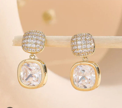 LOVIA BY HM GOLD RHINESTONE CRYSTAL DROP EARRINGS FOR WOMEN, KOREAN EARRINGS Cubic Zirconia Alloy Drops & Danglers