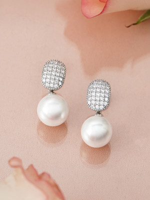 RUBANS Rhodium-Plated Pearl Drop Earring with Cushion-Shaped Diamond Studded Top Brass Stud Earring