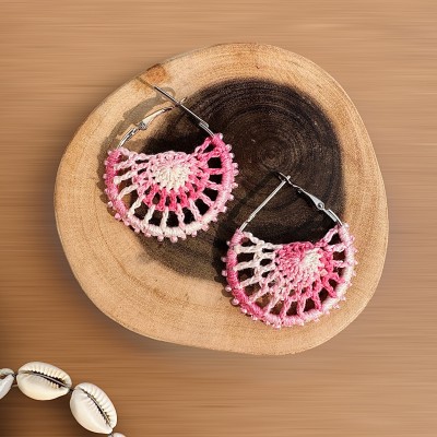 ReverseWheel Handmade Pink & White Crochet Hoop Earrings Cotton Dori Hoop Earring, Chandbali Earring