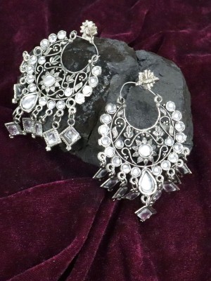 VAGHBATT Silver-Toned Oxidised German Silver Classic Chandbalis Earrings Enamel Chandbali Earring