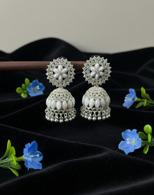Shyneup Elegant Oxidized Silver Jhumka Earrings with Pearl for Women and Girls Cubic Zirconia Alloy Jhumki Earring