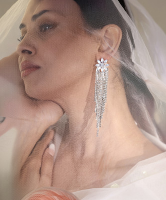 RUBANS Rubans Rhodium-Plated Cubic Zirconia Floral Dangle Earrings Cubic Zirconia Brass Drops & Danglers