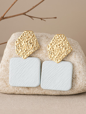 Bohey by KARATCART Trendy Gold Hammered Hexagon & Blue Square Drop Earrings for Women Alloy Drops & Danglers