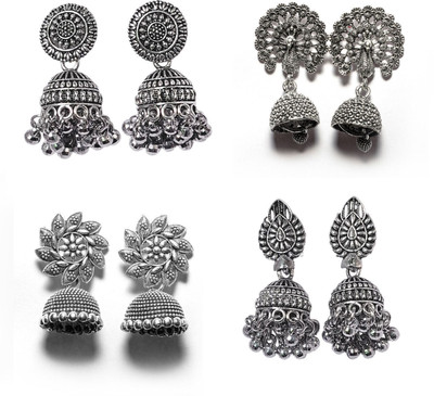 Jhumka Street Pack of 4 Oxidized Silver Jhumka Earrings for Women & Girls Alloy Drops & Danglers
