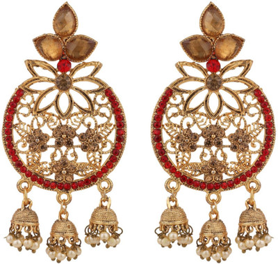 Bhana Jewells Gold Plated LCT & RED Cubic Zirconia 3 Jhumki Chandbali Earring_BJ Cubic Zirconia Brass Chandbali Earring