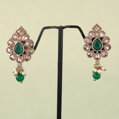 Saloni Fashion Jewellery Oval Shape Green Kundan Stone Antique Gold Plated Jhumki Earring For Women Cubic Zirconia Alloy Jhumki Earring