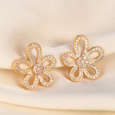 VISTA VENDORS Elegant Gold-Plated Floral Stud Earrings with Sparkling Stones Alloy Stud Earring