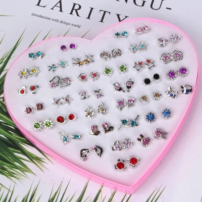 DIVINE 36 pair Silver multi stones earrings stud combo with heart shape box for Girls. Plastic Stud Earring
