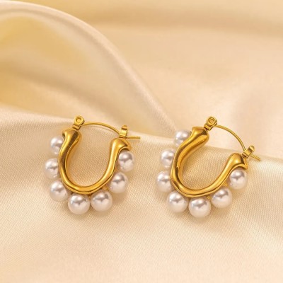 Onuyx Onuyx Korean Earrings For Women & Girls /Pearl Gold Beautiful Bali Earrings Pearl Alloy Hoop Earring