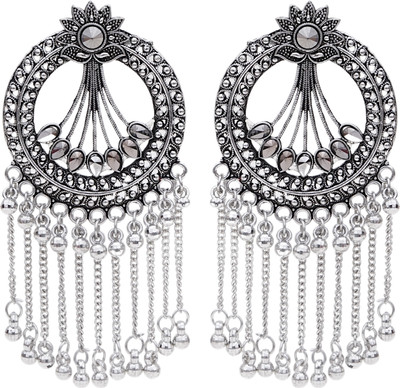 Nation Craft Sterling Silver Chain Dangle Earrings with Beads For Women And Girls Alloy Chandbali Earring