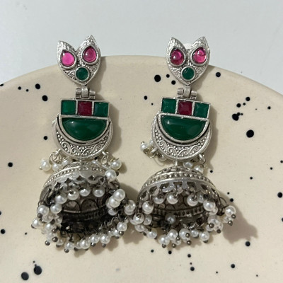 KAMARI Stylish Oxidised Silver Green Stone Jhumka Earrings for Women Amethyst Alloy Chandbali Earring, Cuff Earring, Drops & Danglers, Jhumki Earring, Stud Earring