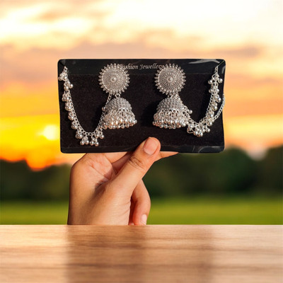 Vigilantee Jewels Oxidised Silver Bahubali Jhumka Earrings hair Chain Silver White Jhumki Earring Beads, White Zircon Alloy Jhumki Earring, Ear Thread, Drops & Danglers
