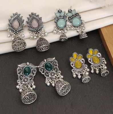 Vigilantee Jewels Multicolor Oxidised Silver Plated 4 different Shaped Jhumki Earrings set Beads, Pearl Alloy Chandbali Earring, Earring Set, Jhumki Earring