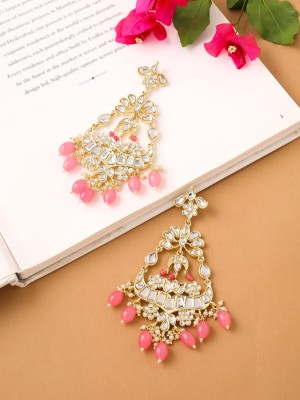 YELLOW CHIMES Toned Kundan Studded Traditional Pink Beads Long Dangler Earrings Crystal Metal Chandbali Earring