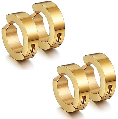 Shree Ju (2 Pair) Trendy Golden Round Shaped Press Non-Piercing Style Clip On Metal Hoop Earring