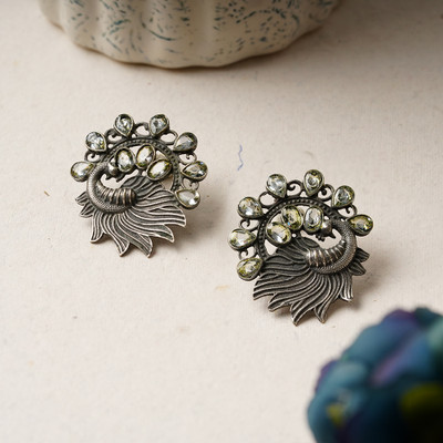 Sanseeta Pankhi- Silver Brass Stone Studded Stud Earrings(White) Zircon Brass Stud Earring
