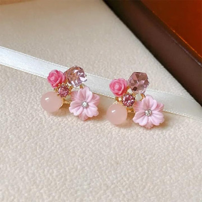 CIKIT Pink Floral Crystal Stud Earrings, Shell Rose Design, Gold-Toned (PINK) Metal Cuff Earring
