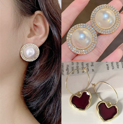 AKISON JEWELS Korean Earrings Combo For Women Girls Red Heart Stylish Trending Trendy Crystal, Cubic Zirconia, Diamond, Pearl Alloy Earring Set, Stud Earring, Hoop Earring, Drops & Danglers
