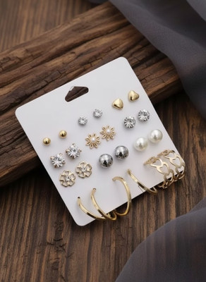 Nehdal Trendy 12-Pair Golden Earring Combo featuring floral,pearl,heart&crystal stud Alloy Stud Earring