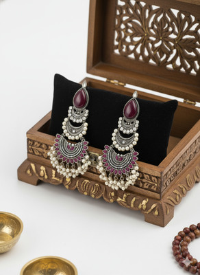 brassjewel Stunning long earrings crafted in elegant silver, featuring a radiant red stone Beads Brass Stud Earring