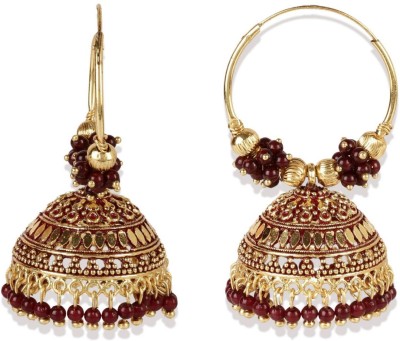 BHANA FASHION Maroon & Gold-Plated Enamelled Dome Shaped Jhumkas_B Pearl Brass Jhumki Earring