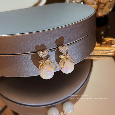 Vembley Korean Studded Bow Heart Big Pearl Earrings For Women and Girls Alloy Stud Earring