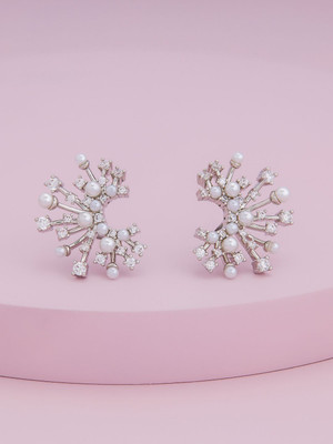 Kushal's Fashion Jewellery Pearl Rhodium-Plated Party Zircon Stud Earring Zircon Copper Stud Earring