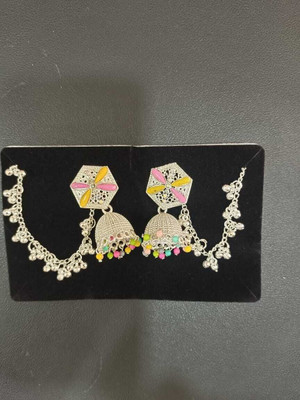 SawariyaaSeth Oxidised Silver Colorful Jhumka Earrings with Chain for Women & Girls Alloy Jhumki Earring