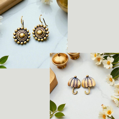 KAVIICREATIONS Golden Oxidised Set of 2 Earring for girls or womens Alloy Stud Earring, Earring Set