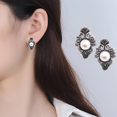 THANU'S CRAFT Traditional German Silver Oxidised Mor Design Black Metal Oxidized Stud Earrings Metal Stud Earring
