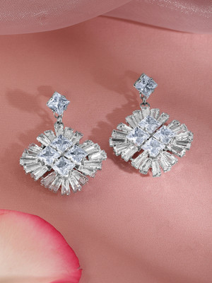 RUBANS Rubans Rhodium Plated Cubic Zirconia Studded Drop Earrings Cubic Zirconia Brass Drops & Danglers