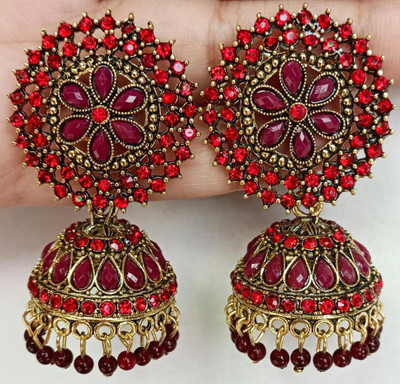 sk beauty Designer golden Jhumka earrings for women Party and for wedding Crystal, Beads Alloy Jhumki Earring