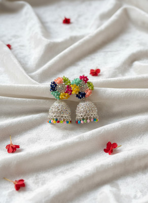 Shyneup Ethnic Silver Plated Kundan & Colorful Beaded Jhumka Earrings for Women/Girls Cubic Zirconia Alloy Jhumki Earring, Stud Earring